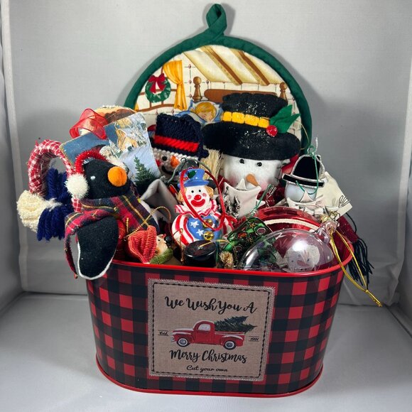 Christmas-Themed Gift Basket Full Of Snowman & Holiday Ornaments In Red Plaid Ti - Picture 1 of 3